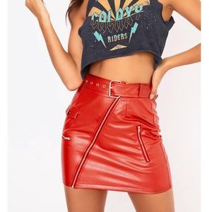 FINAL DROP: Red faux leather skirt metal detailing